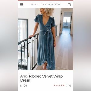 Baltic Born Blue Ribbed Velvet Wrap Midi Dress